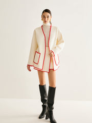 Embroidered Trim Tweed Coat With Matching Scarf