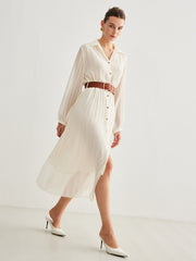 Semi-Sheer Chiffon Button Pleated Dress With Belt
