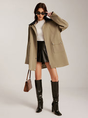 Contrast-Collar Zipper Oversized Trench Coat