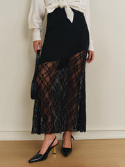 Semi-Sheer Lace Panel Jersey Skirt