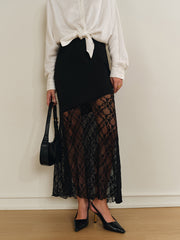 Semi-Sheer Lace Panel Jersey Skirt