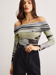 Off-Shoulder Tye Dye Printed T-Shirt