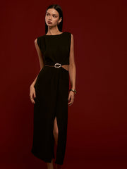 Metal-Ring Cutout Pleated Dress