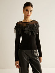 Semi-Sheer Floral Decor Slim Blouse