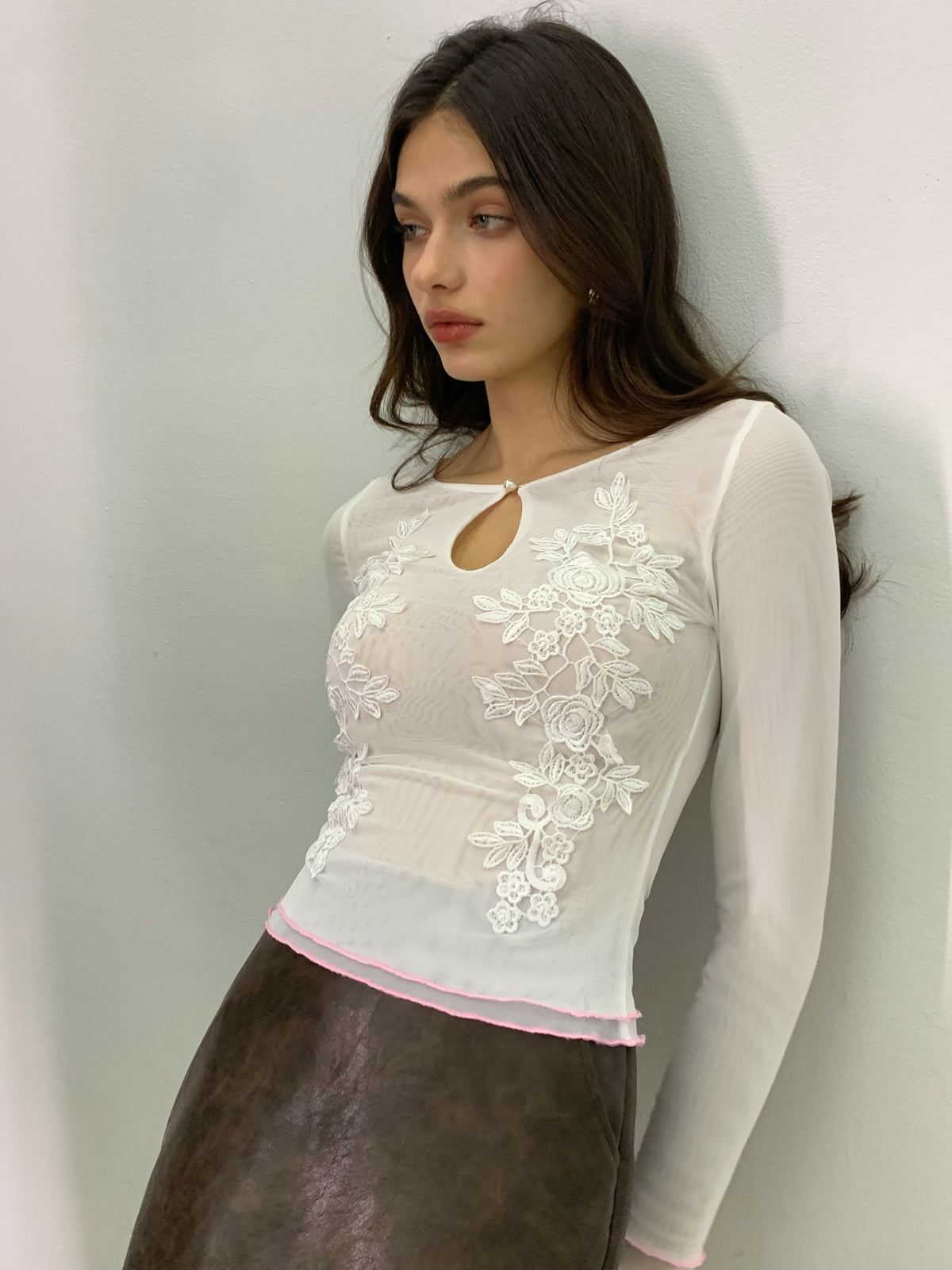 Semi-Sheer Keyhole Neckline Floral Mesh T-Shirt