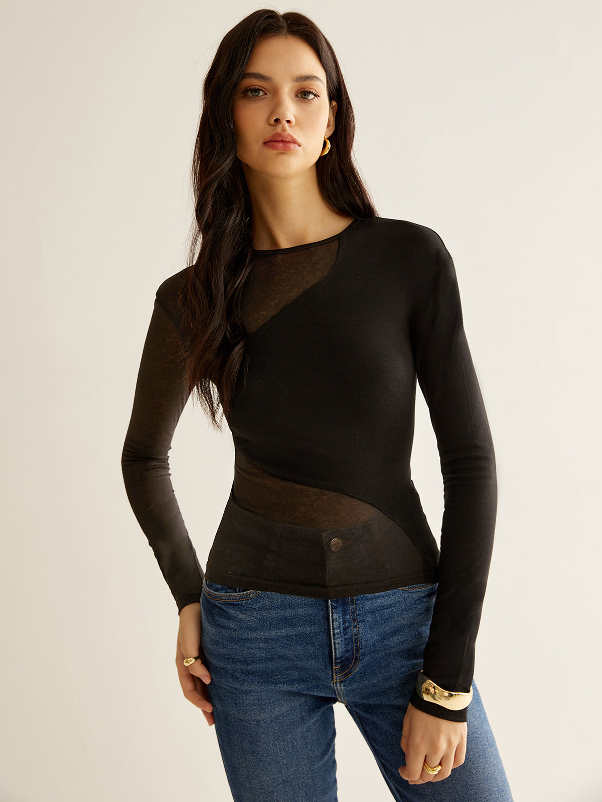Plain Jersey Sheer Panel T-Shirt