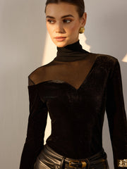 Stacking Neck Sheer-Detail Velvet Blouse