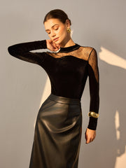 Sheer Lace Panel Velvet Slim Blouse