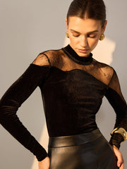 Sheer Lace Panel Velvet Slim Blouse