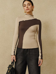 Semi-Sheer Color Block Lettuce Trim Jersey Top