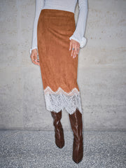 Lace Hem Suede Skirt