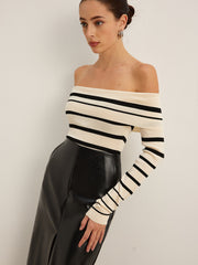 Off-Shoulder Striped Slim Sweater