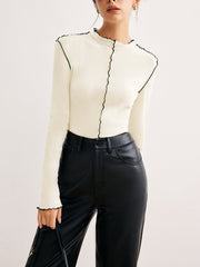 Semi-Sheer Contrast Lettuce Trim T-Shirt