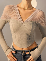 V-Neck Mesh-Shoulder Crop T-Shirt