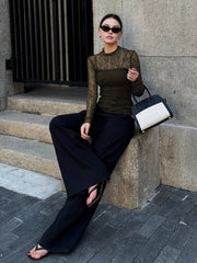 Semi-Sheer Lace Panel Jersey Two-Piece T-Shirt