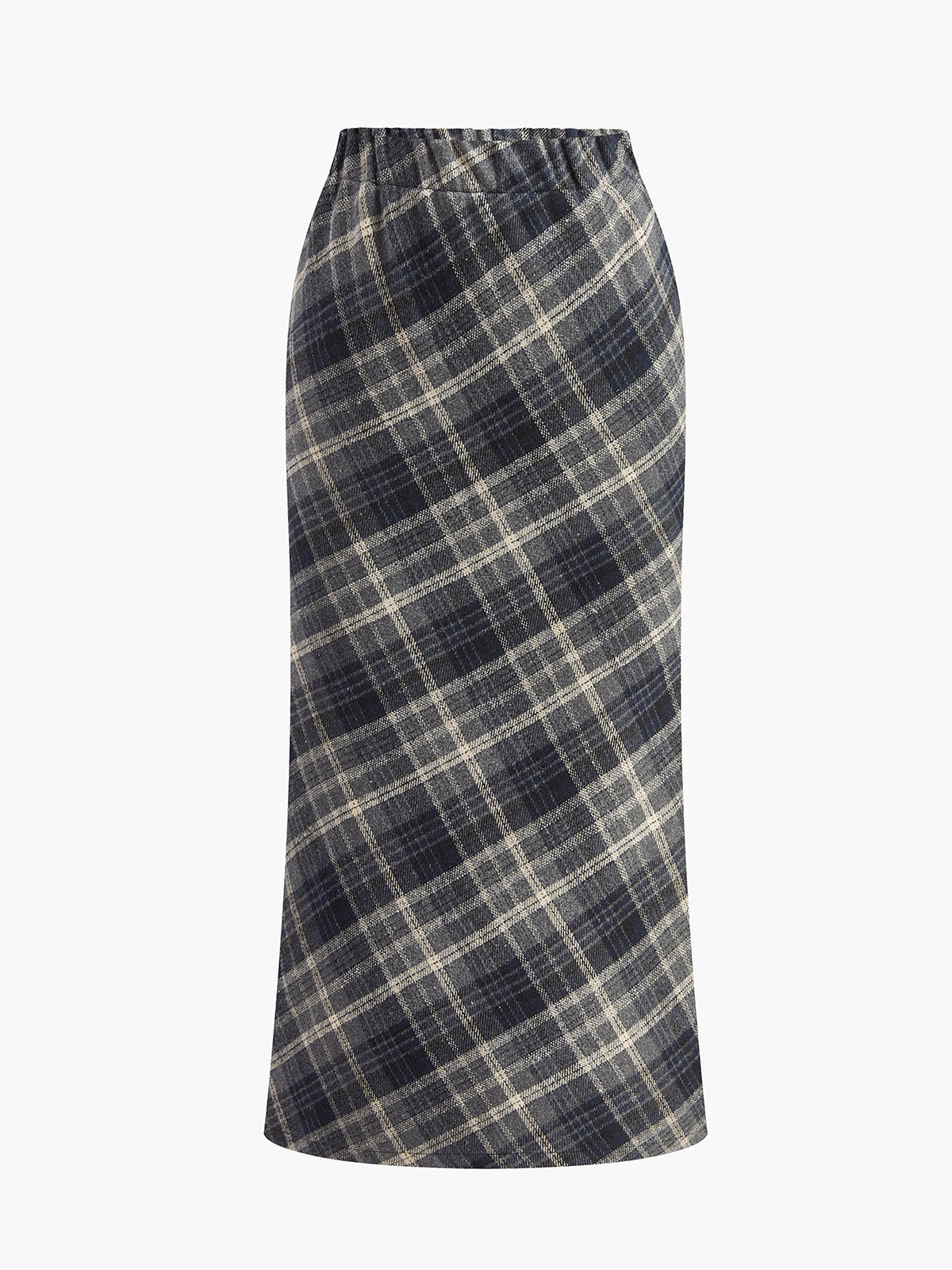Elastic Waist Checked Slit Skirt