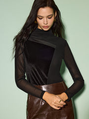 Semi-Sheer Mock Neck Velvet Mesh Slim Top
