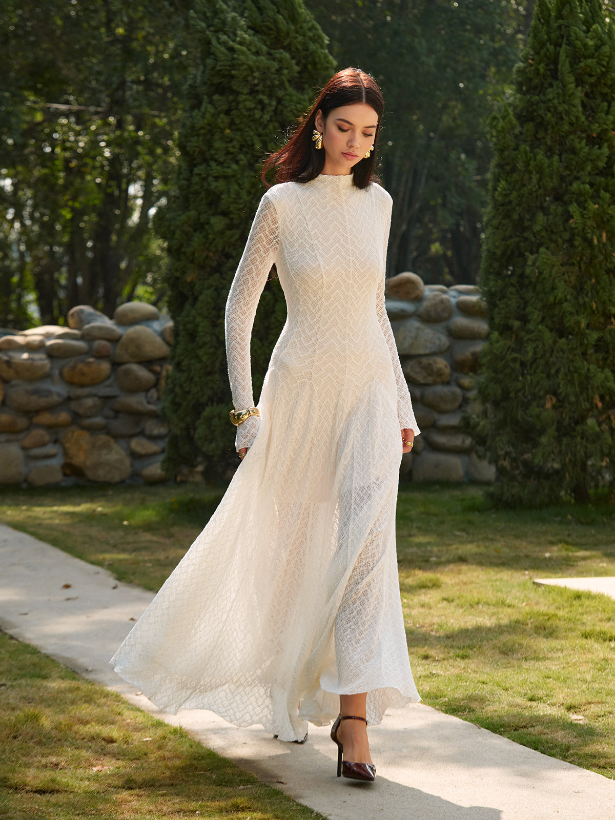 Semi-Sheer Mock Neck Lace Flowy Long Dress