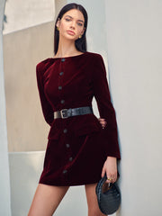 Velvet Button Short Dress With Belt