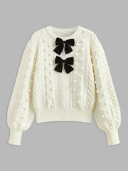 Bow Front Knit Ball-Decor Sweater