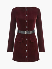 Velvet Button Short Dress With Belt