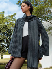 Pinstripe Button Blazer With Matching Tassel Scarf