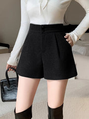 Mid-Waist Tweed Pockets Wide-Leg Shorts
