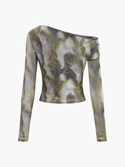 Semi-Sheer Asymmetrical Printed Crop Mesh T-Shirt