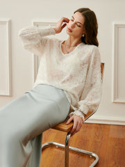 Semi-Sheer V-Neck Lantern Sleeve Embroidered Top