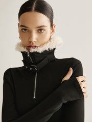 Fuzzy Collar Belt-Design Zipper Blouse
