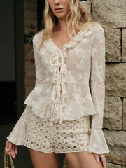 Semi-Sheer Lace Floral Ruffle Tie Top