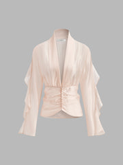 Semi-Sheer Chiffon V-Neck Ruched Blouse