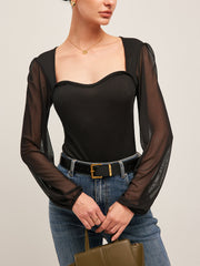 Semi-Sheer Mesh Sleeve Ribbed Bodysuit