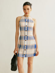 Plaid Halter Neck Button-Front Dress