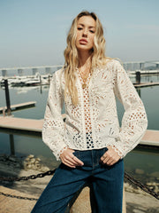 Semi-Sheer Embroidery Hollow-Out Detail Top