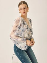 Semi-Sheer Chiffon Floral V-Neck Balloon Sleeve Blouse