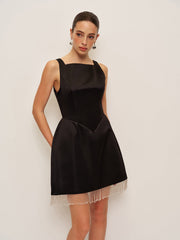 Beaded Fringe Satin V-Back Dress