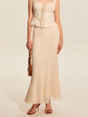 Semi-Sheer Floral Embroidered Panel Skirt