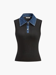 Denim Collar Ribbed Sleeveless Top
