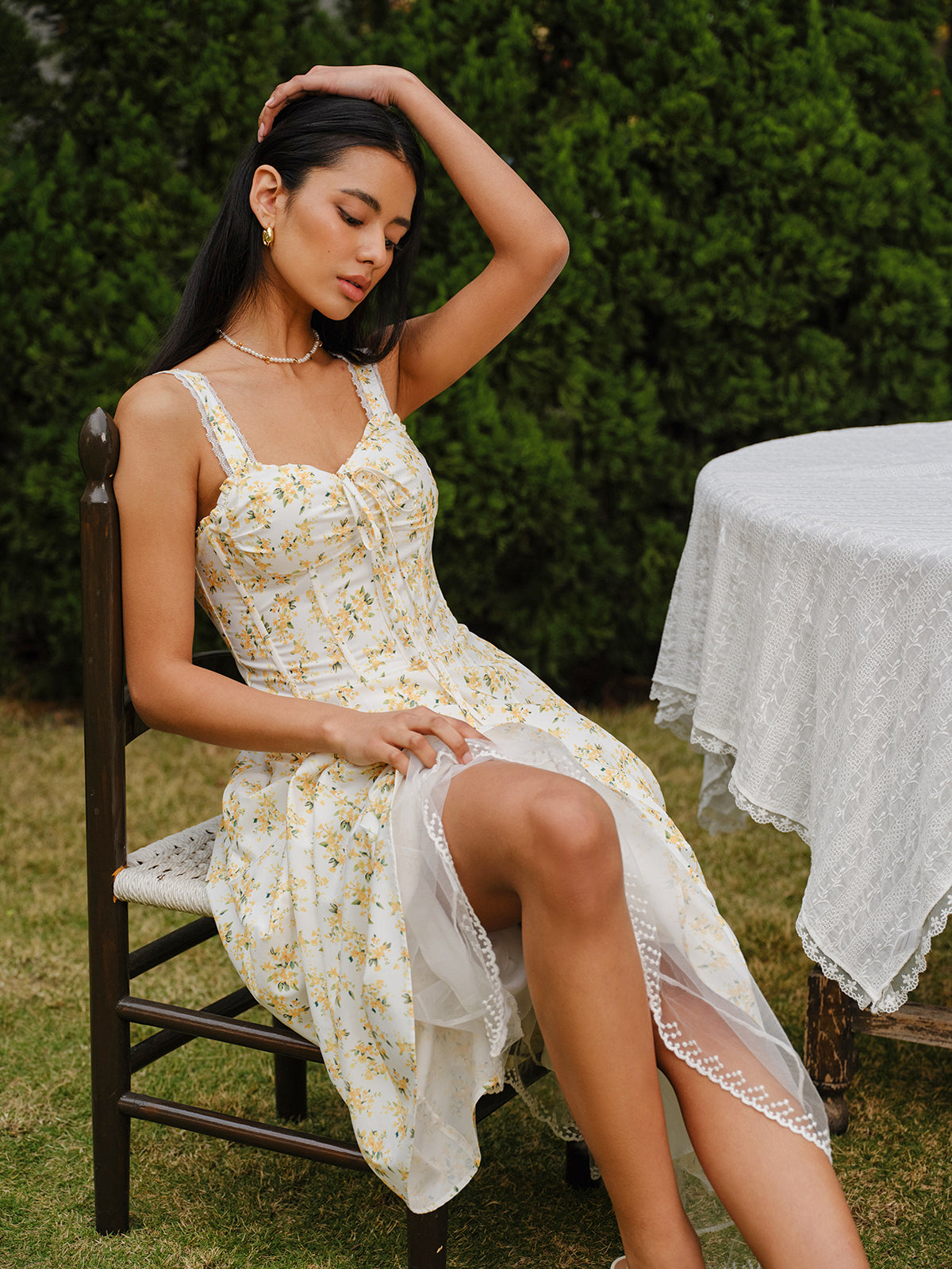 Floral Lace-Trim Tie-Front Dress