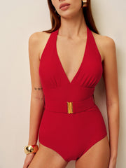 Halter Neck Belted One-Piece Swimsuit