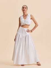 Ruched Crop Top With Buttoned Skirt Set