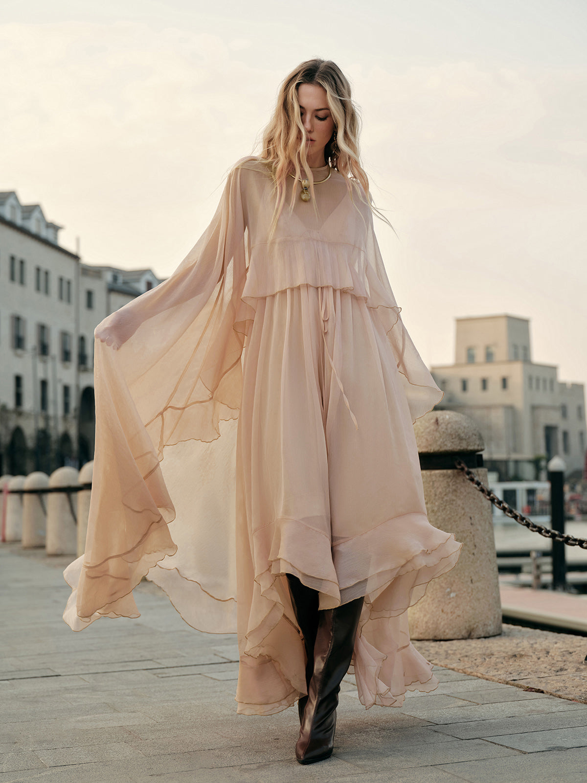 Semi-Sheer Chiffon Layered Dress With Cloak