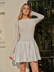 Semi-Sheer Lace Satin Panel Long Sleeve Dress