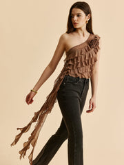 One-Shoulder Ruffled Rosette Detail Top
