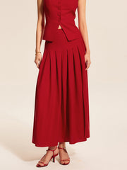 Cotton & Linen Pleated Slit Skirt