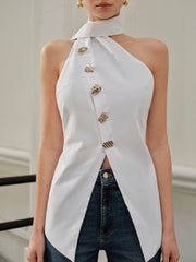 Halter Asymmetrical Metal Button Top