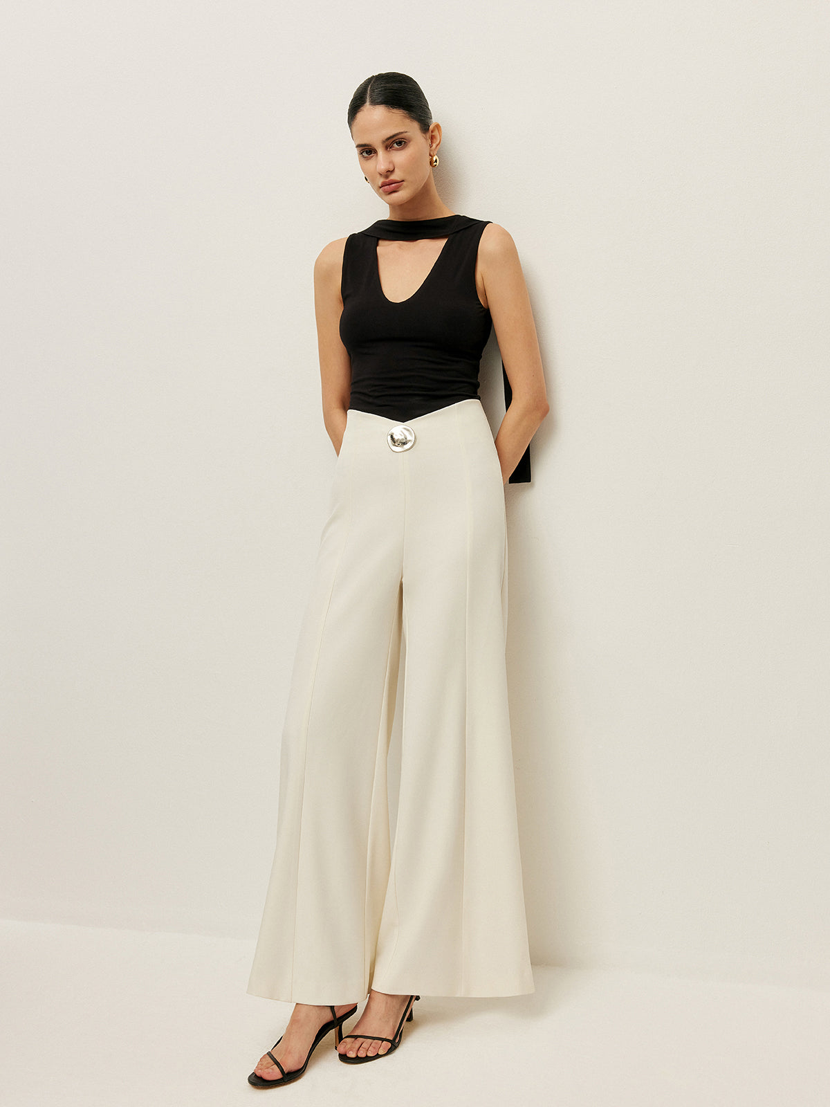 High-Waist Wide Leg Pants With Buckle Detail