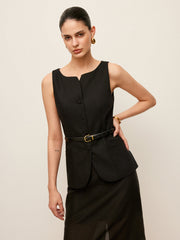 Cotton & Linen Button-Front Vest Without Belt