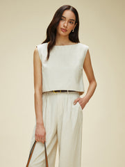 Cotton & Linen Sleeveless Pockets Pants Set Without Belt